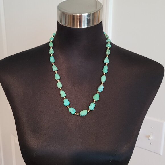 One of a kind Vntg Handcrafted Hand Tumbled Natural Turquoise and gold Necklace - Picture 1 of 4